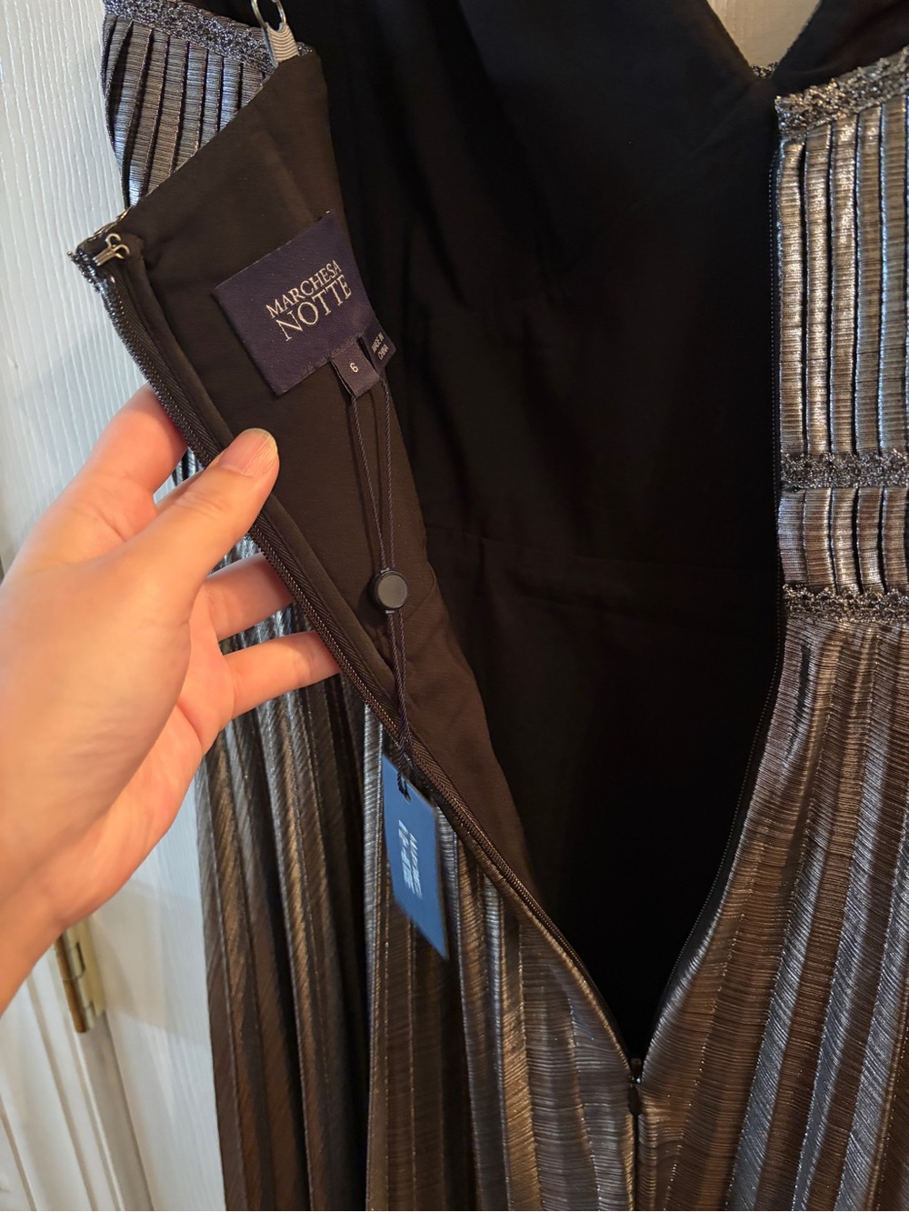 Metallic Silver Pleated Evening Dress with Spaghetti Straps - Picture 4 of 7